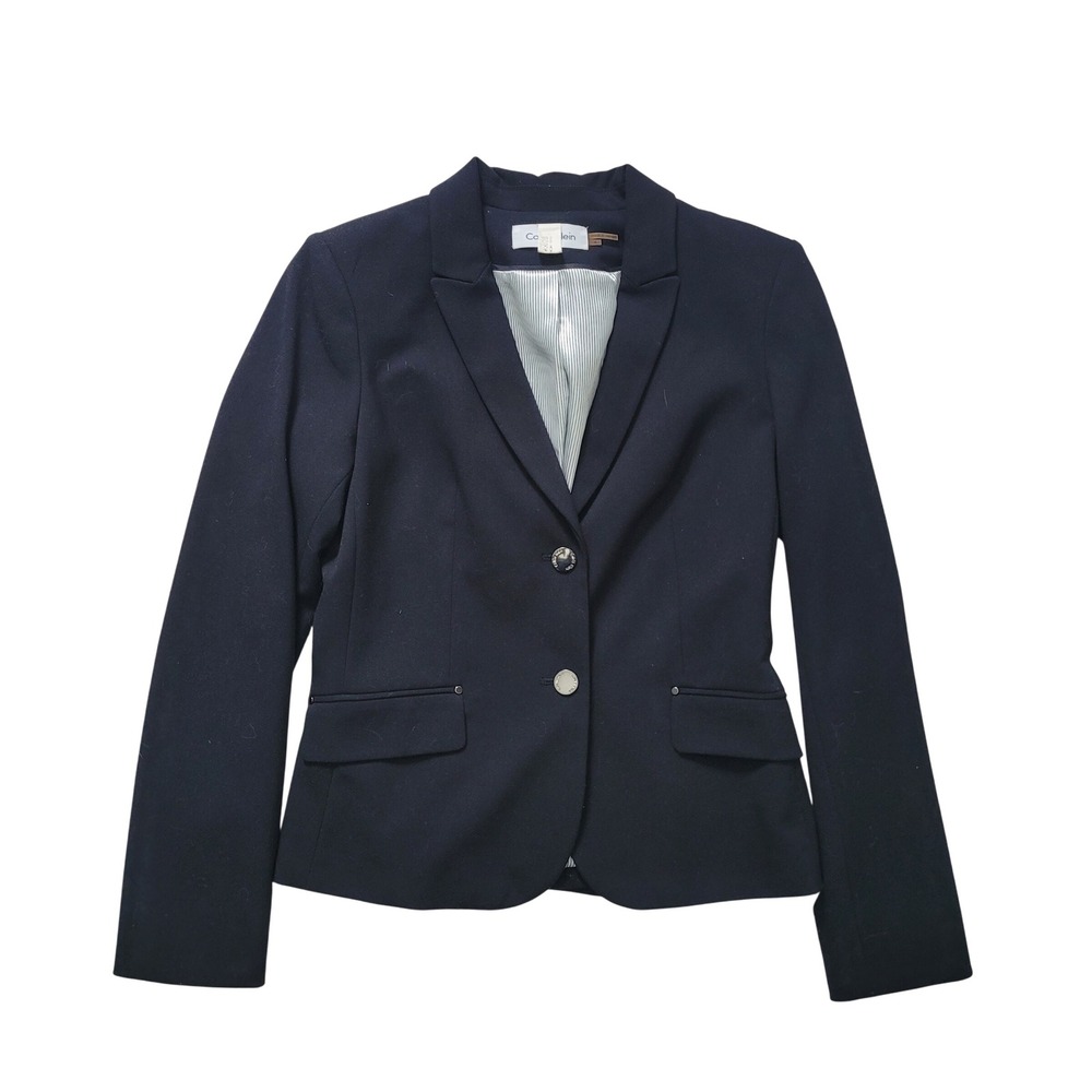 Calvin Klein Blazer Womens 4 Navy Blue Excellent Two Button Lined Stretch Jacket